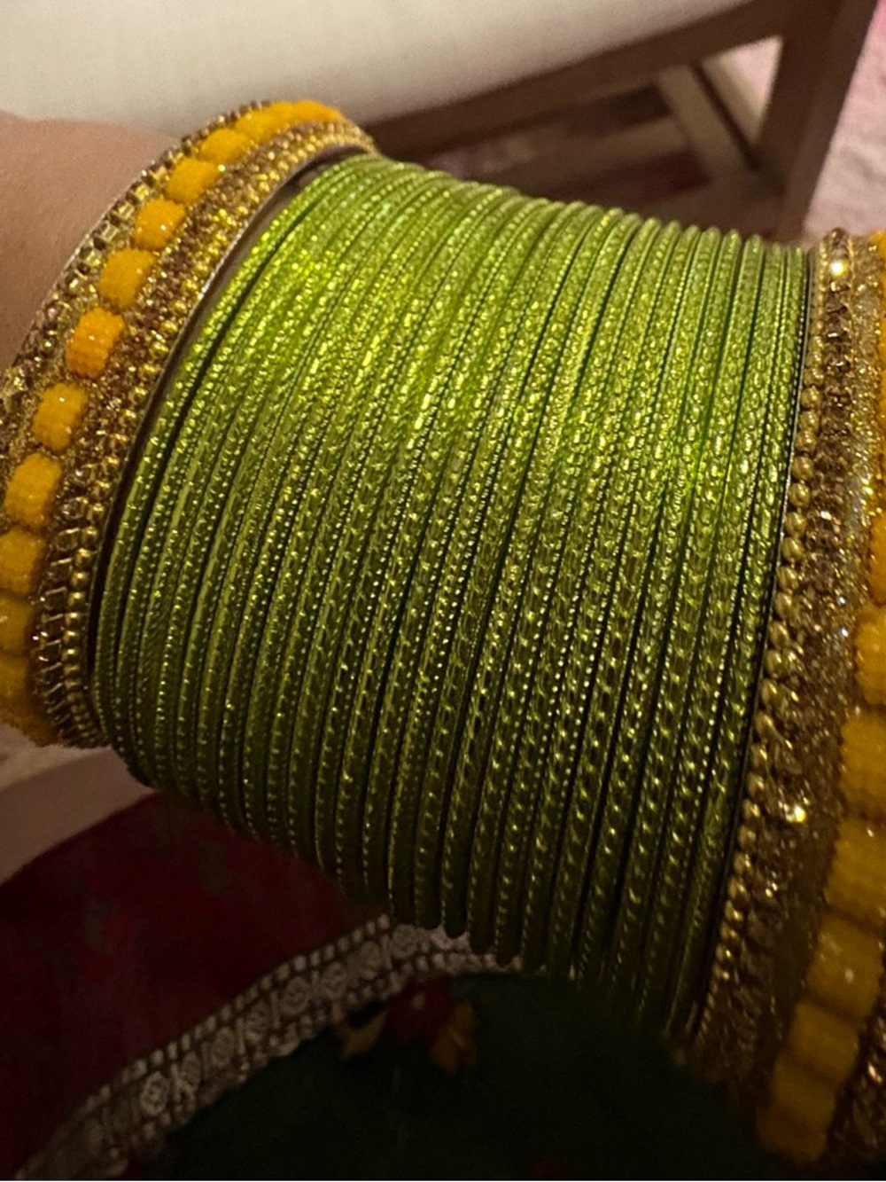 Green Women's Glass Bangle Set with Yellow Accent